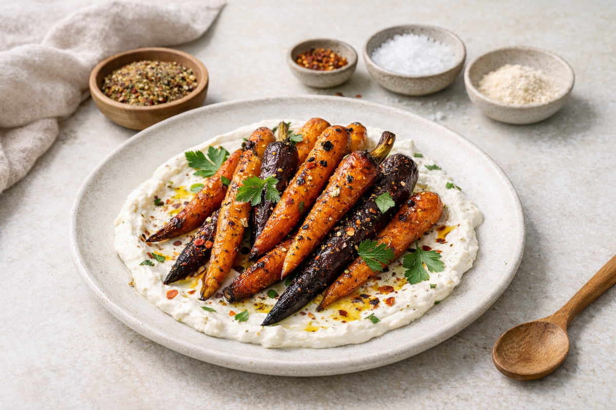 Zanahorias Asadas con Sumac Lemon Pepper y Yogurt de Hinojo
